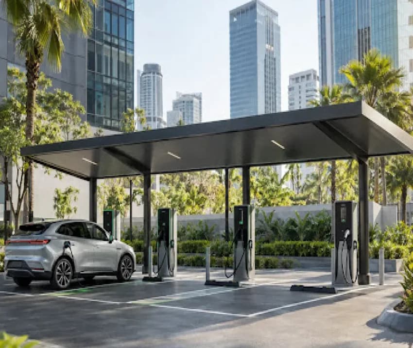 ภาพประกอบสถานีชาร์จ EV กลางเมืองพร้อมหลังคาและเครื่องชาร์จ